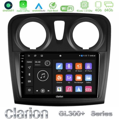 Clarion GL300+ Series 4Core Android11 4+64GB Dacia Sandero 2014-2020 Navigation Multimedia Tablet 9"