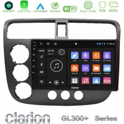 Clarion GL300+ Series 4Core Android11 4+64GB Honda Civic 2001-2005 Navigation Multimedia Tablet 9"