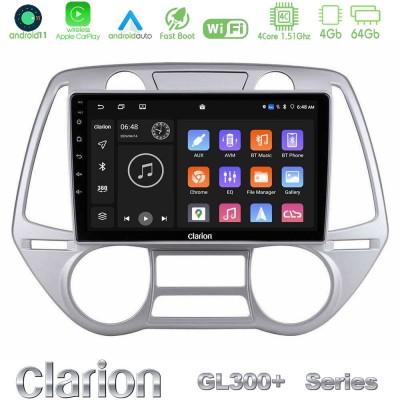 Clarion GL300+ Series 4Core Android11 4+64GB Hyundai i20 2009-2012 Auto A/C Navigation Multimedia Tablet 9"