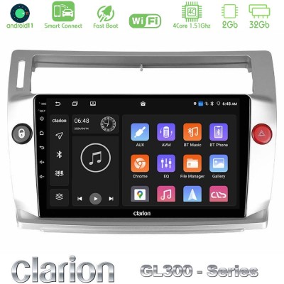 Clarion GL300 Series 4Core Android11 2+32GB Citroen C4 2004-2010 Navigation Multimedia Tablet 9" Με Carplay & Android Auto