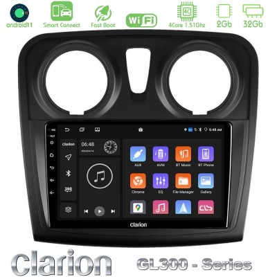 Clarion GL300 Series 4Core Android11 2+32GB Dacia Sandero 2014-2020 Navigation Multimedia Tablet 9" Με Carplay & Android Auto