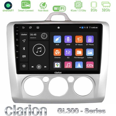 Clarion GL300 Series 4Core Android11 2+32GB Ford Focus Manual AC Navigation Multimedia Tablet 9" Με Carplay & Android Auto