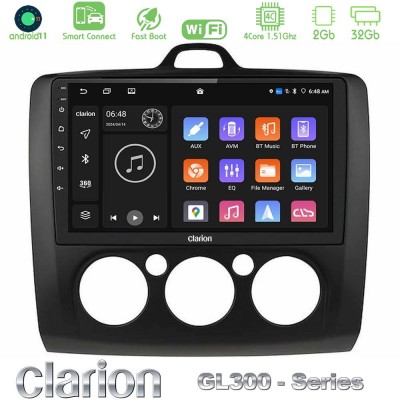 Clarion GL300 Series 4Core Android11 2+32GB Ford Focus Manual AC Navigation Multimedia Tablet 9" (Μαύρο Χρώμα) Με Carplay & Andr