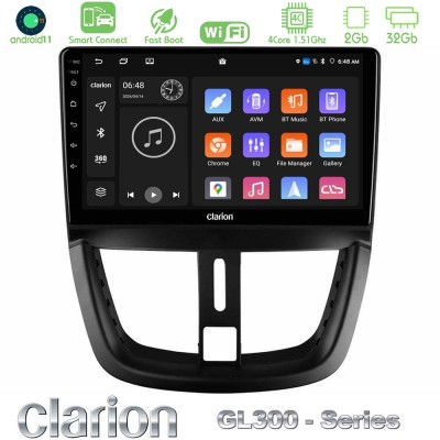 Clarion GL300 Series 4Core Android11 2+32GB Peugeot 207 Navigation Multimedia Tablet 9" Με Carplay & Android Auto