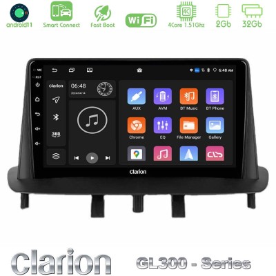 Clarion GL300 Series 4Core Android11 2+32GB Renault Megane 3 2009-2015 Navigation Multimedia Tablet 9" Με Carplay & Android Auto