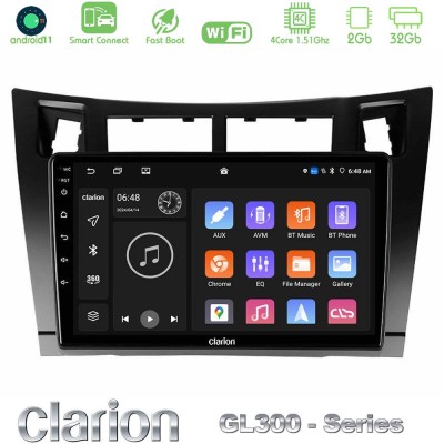 Clarion GL300 Series 4Core Android11 2+32GB Toyota Yaris Navigation Multimedia Tablet 9" (Μαύρο Χρώμα) Με Carplay & Android Auto