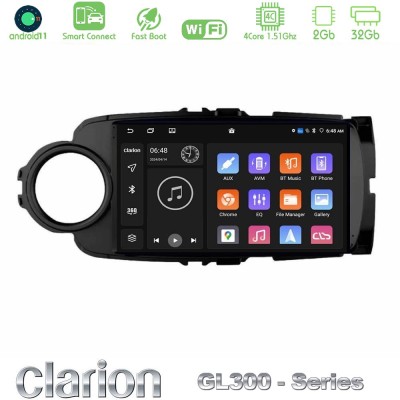 Clarion GL300 Series 4Core Android11 2+32GB Toyota Yaris Navigation Multimedia Tablet 9" (Μαύρο Χρώμα) Με Carplay & Android Auto
