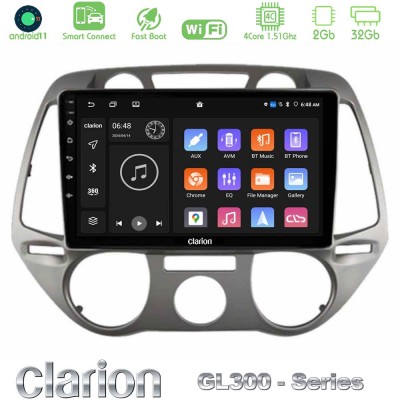 Clarion GL300 Series 4Core Android11 2+32GB Hyundai i20 2009-2012 Manual A/C Navigation Multimedia Tablet 9" Με Carplay & Androi