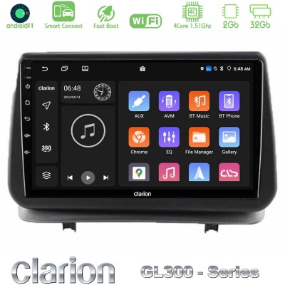Clarion GL300 Series 4Core Android11 2+32GB Renault Clio 2005-2012 Navigation Multimedia Tablet 9" Με Carplay & Android Auto
