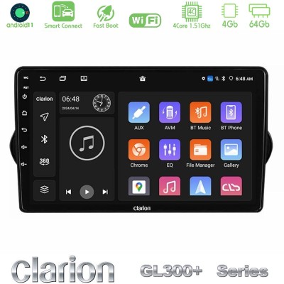 Clarion GL300+ Series 4Core Android11 4+64GB Fiat Tipo 2015-2022 (Sedan) Navigation Multimedia Tablet 9"