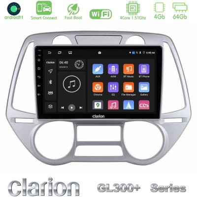 Clarion GL300+ Series 4Core Android11 4+64GB Hyundai i20 2009-2012 Auto A/C Navigation Multimedia Tablet 9"
