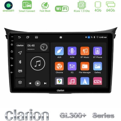 Clarion GL300+ Series 4Core Android11 4+64GB Hyundai i30 2012-2017 Navigation Multimedia Tablet 9"