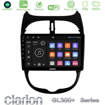 Clarion GL300+ Series 4Core Android11 4+64GB Peugeot 206 Navigation Multimedia Tablet 9"