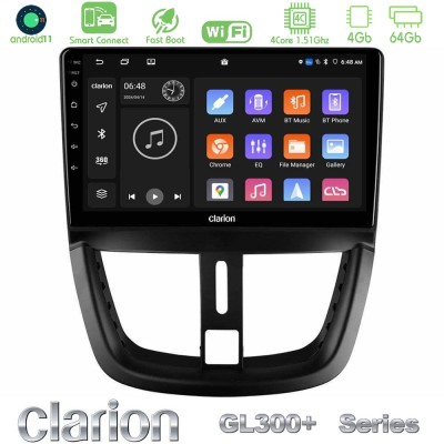 Clarion GL300+ Series 4Core Android11 4+64GB Peugeot 207 Navigation Multimedia Tablet 9"