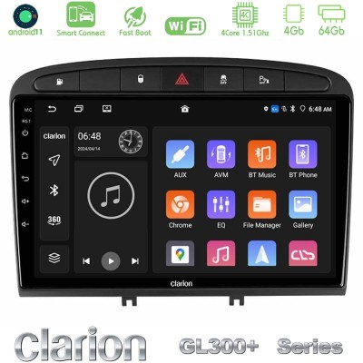 Clarion GL300+ Series 4Core Android11 4+64GB Peugeot 308/RCZ Navigation Multimedia Tablet 9"