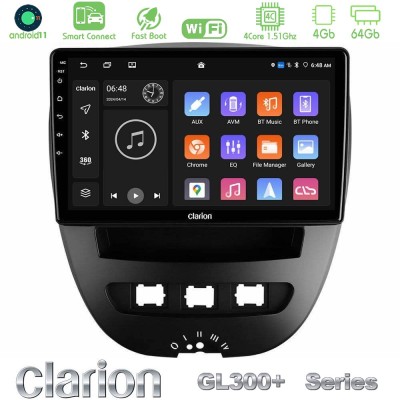 Clarion GL300+ Series 4Core Android11 4+64GB Toyota Aygo/Citroen C1/Peugeot 107 Navigation Multimedia Tablet 10"
