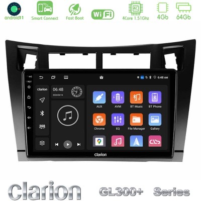 Clarion GL300+ Series 4Core Android11 4+64GB Toyota Yaris Navigation Multimedia Tablet 9" (Μαύρο Χρώμα)