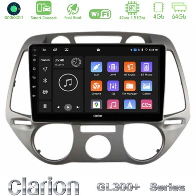 Clarion GL300+ Series 4Core Android11 4+64GB Hyundai i20 2009-2012 Manual A/C Navigation Multimedia Tablet 9"