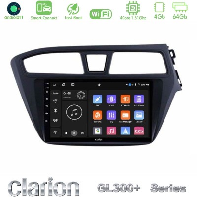 Clarion GL300+ Series 4Core Android11 4+64GB Hyundai i20 2014-2018 RHD Navigation Multimedia Tablet 9"