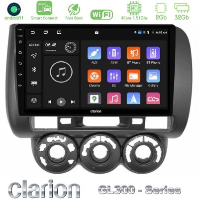 Clarion GL300 Series 4Core Android11 2+32GB Honda Jazz (Fit) 2002-2008 (RHD) Manual A/C Navigation Multimedia Tablet 9" Με Carpl