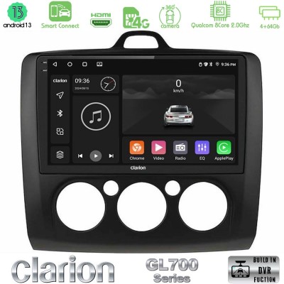 Clarion GL700 Series 8Core Android13 4+64GB Ford Focus Manual AC Navigation Multimedia Tablet 9" (Μαύρο Χρώμα) Με Carplay & Andr