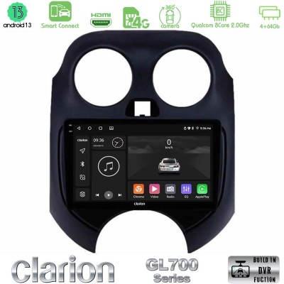 Clarion GL700 Series 8Core Android13 4+64GB Nissan Micra 2011-2014 Navigation Multimedia Tablet 9" Με Carplay & Android Auto