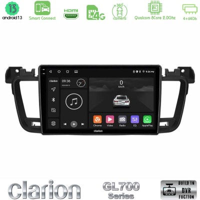 Clarion GL700 Series 8Core Android13 4+64GB Peugeot 508 2010-2018 Navigation Multimedia Tablet 9" Με Carplay & Android Auto