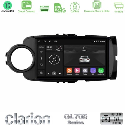Clarion GL700 Series 8Core Android13 4+64GB Toyota Yaris Navigation Multimedia Tablet 9" (Μαύρο Χρώμα) Με Carplay & Android Auto