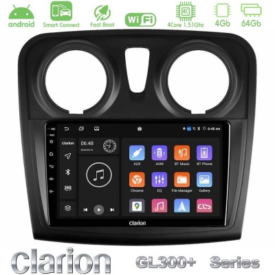 Clarion GL300+ Series 4Core Android ClarionOS 4+64GB Dacia Sandero 2014-2020 Navigation Multimedia Tablet 9"