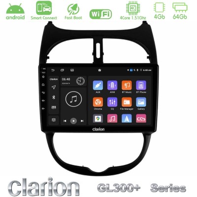 Clarion GL300+ Series 4Core Android ClarionOS 4+64GB Peugeot 206 Navigation Multimedia Tablet 9"