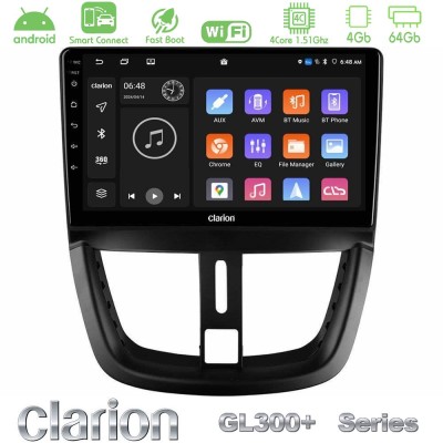 Clarion GL300+ Series 4Core Android ClarionOS 4+64GB Peugeot 207 Navigation Multimedia Tablet 9"