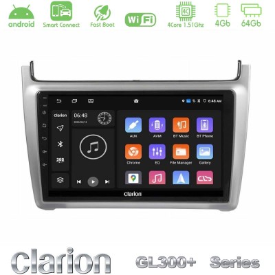 Clarion GL300+ Series 4Core Android ClarionOS 4+64GB Vw Polo 2014-2017 Navigation Multimedia Tablet 9" (Silver)