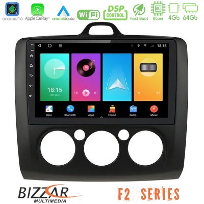 Bizzar F2 Series 8Core Android16 4+64GB Ford Focus Manual AC Navigation Multimedia Tablet 9" (Μαύρο Χρώμα)
