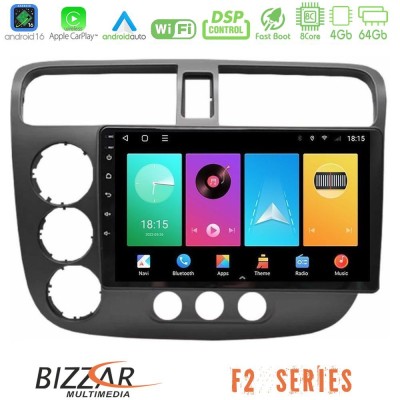 Bizzar F2 Series 8Core Android16 4+64GB Honda Civic 2001-2005 Navigation Multimedia Tablet 9"
