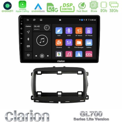 Clarion GL700 Lite Series 8Core Android11 2+32GB Fiat 500 2016 Navigation Multimedia Tablet 9" Με Carplay & Android Auto